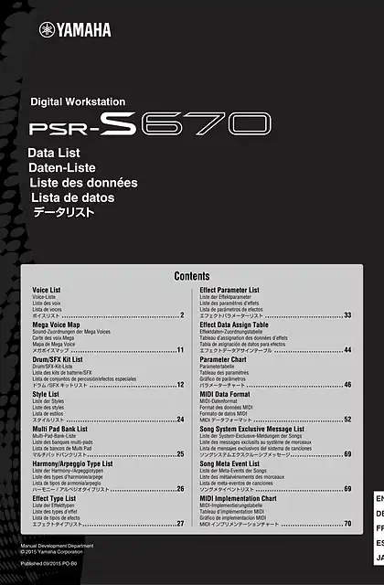 yamaha雅马哈PSR-S670 Data List